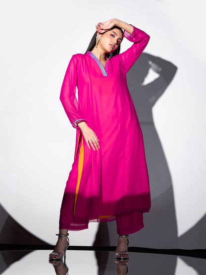 Dhiyona ST Women's Pink & Yellow Surprise Georgette Kurta Set with Contrast Inner Lining and Pants 2 Piece Set | A-Line, V Neck, Full Sleeves, Pants, Work wear, Festive Wear, (Georgette)