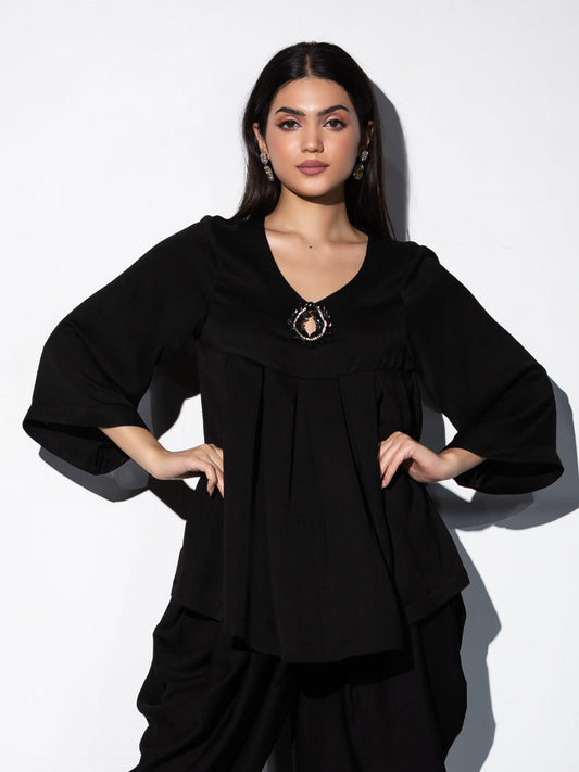 Dhiyona ST Women's Keyhole Black Korean Kurta Top 1 Piece | A-Line, V Neck, 3/4 Sleeves, Festive Wear, (Korean Fabric)