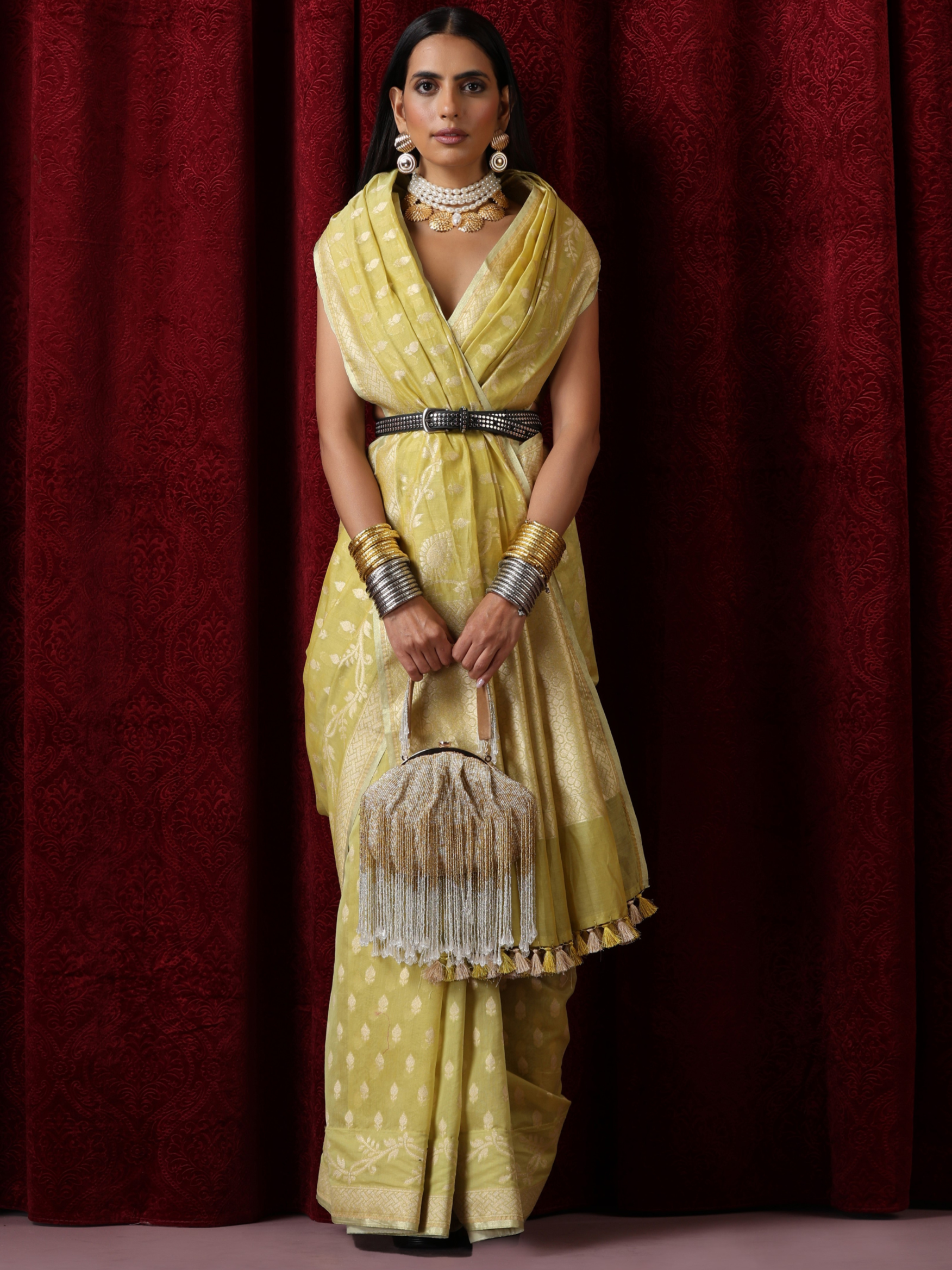 Dhiyona ST Gayatri Devi Lime Yellow Cotton Silk Dual Shade Saree with Blouse Fabric