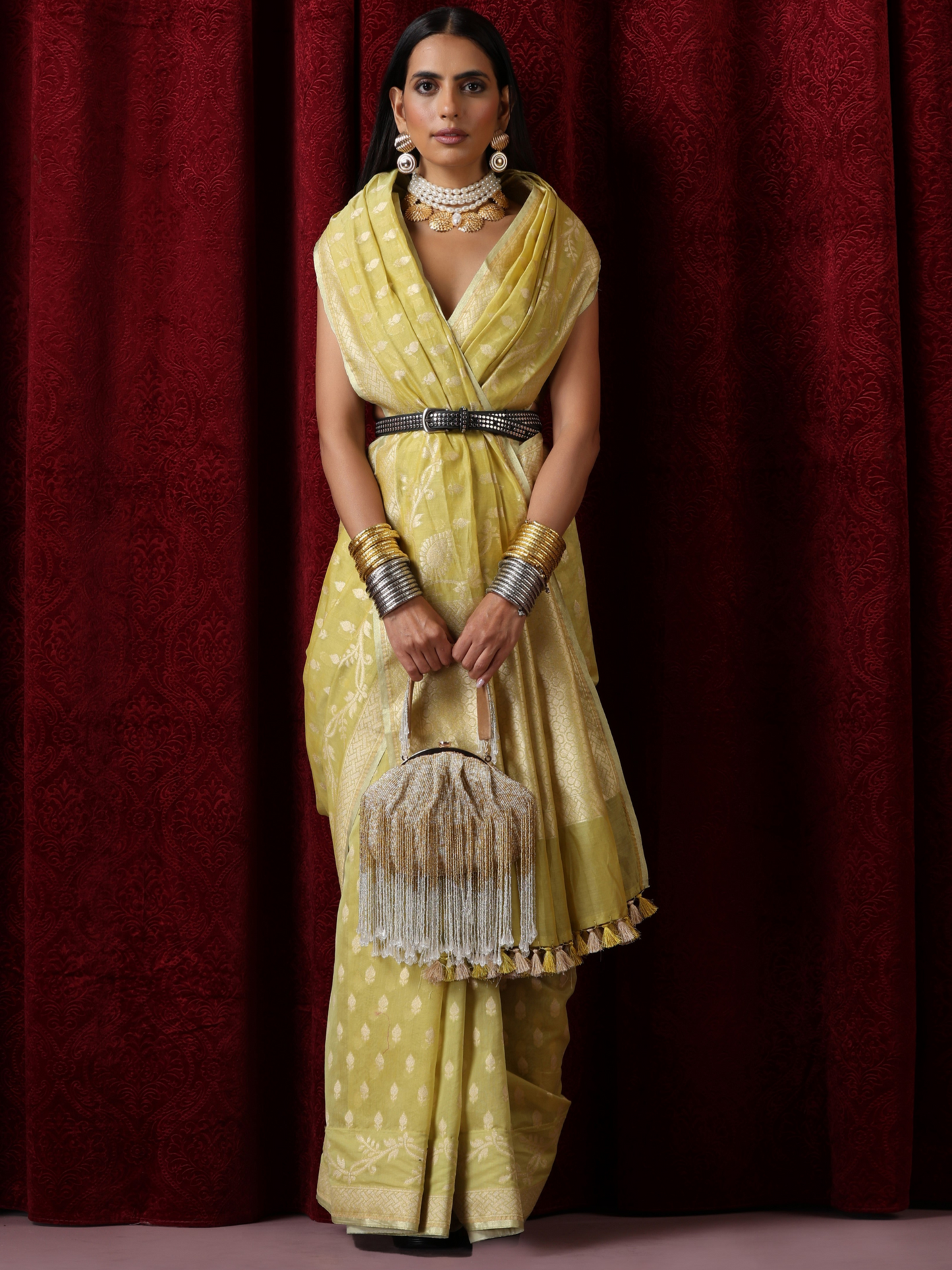 Dhiyona ST Gayatri Devi Lime Yellow Cotton Silk Dual Shade Saree with Blouse Fabric
