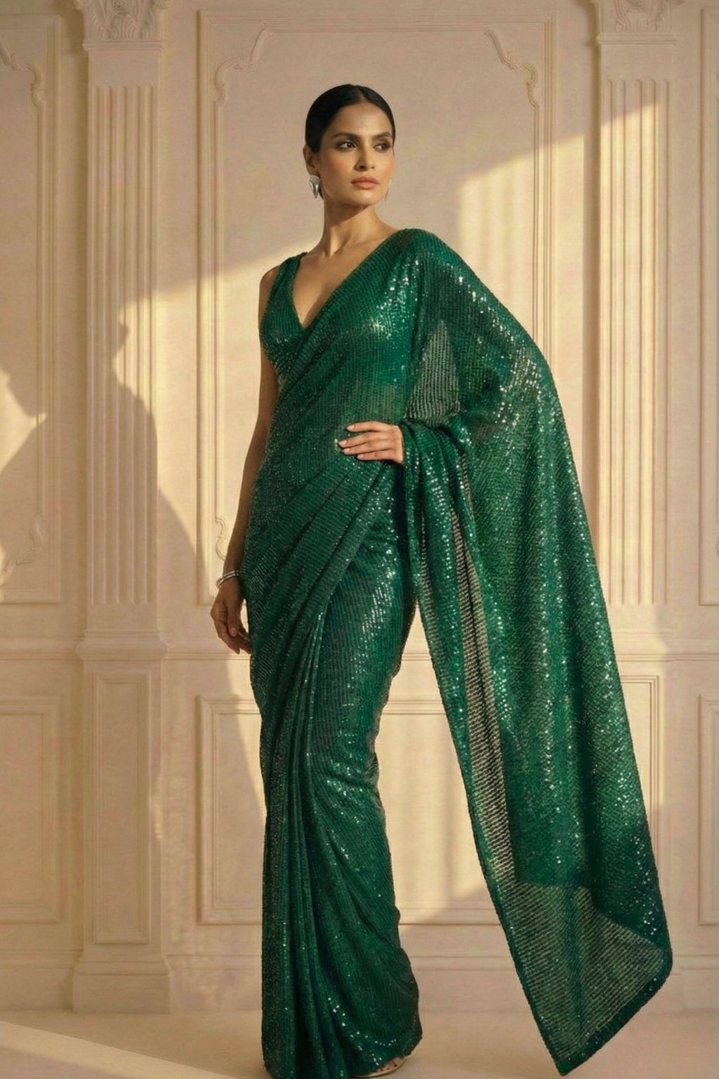Dhiyona ST Emerald Green Knitted Sequin Saree with Blouse Fabric