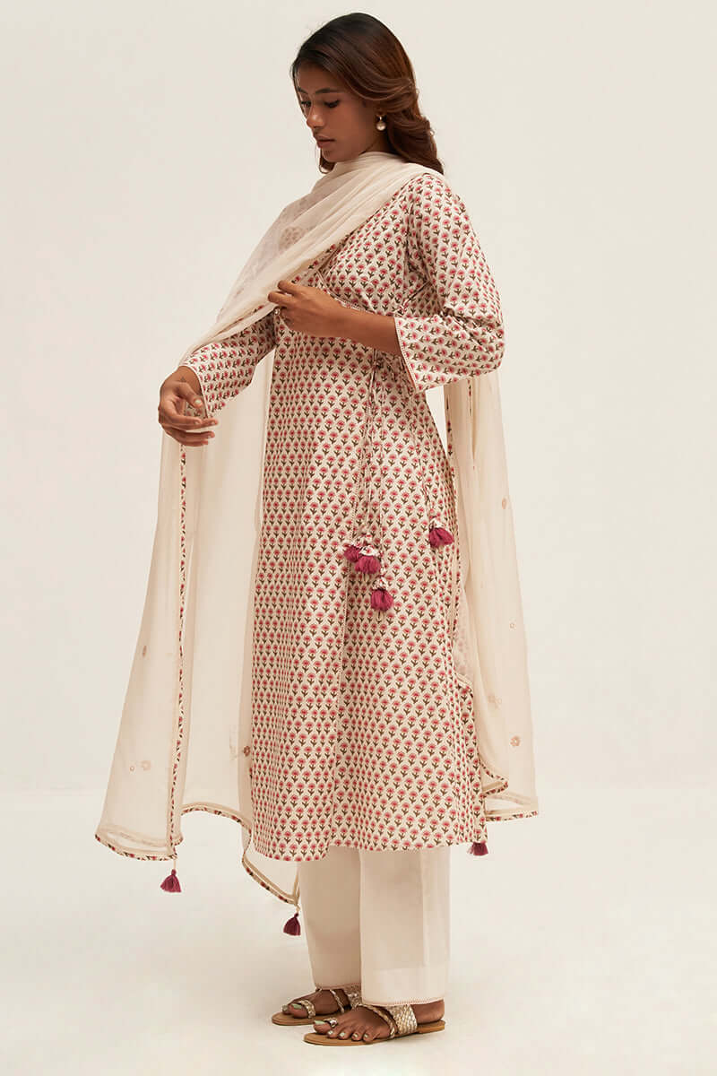 Women's Cream Flower Printed Cotton Angrakha Suit