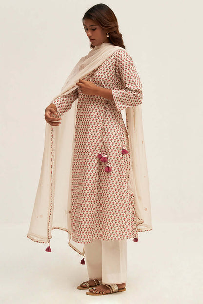 Women's Cream Flower Printed Cotton Angrakha Suit