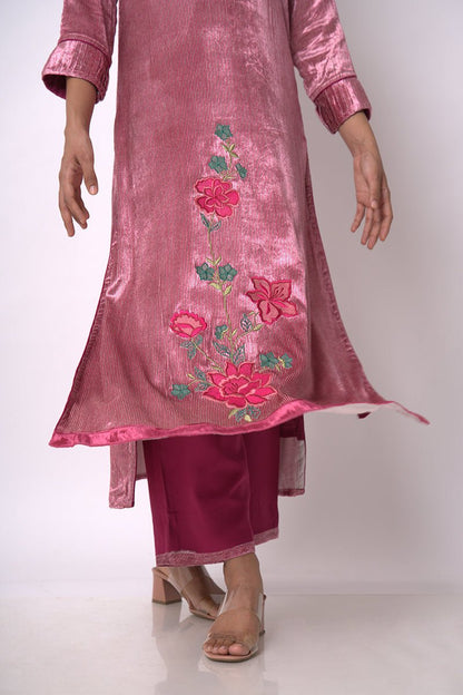 Women's Fushia Pink and Beige Silk Velvet Salwar Suit