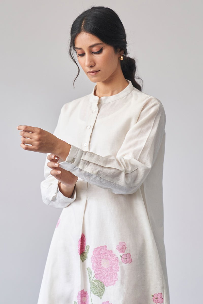 Women's Cream Woven Flower Cotton Linen Co-ord Set