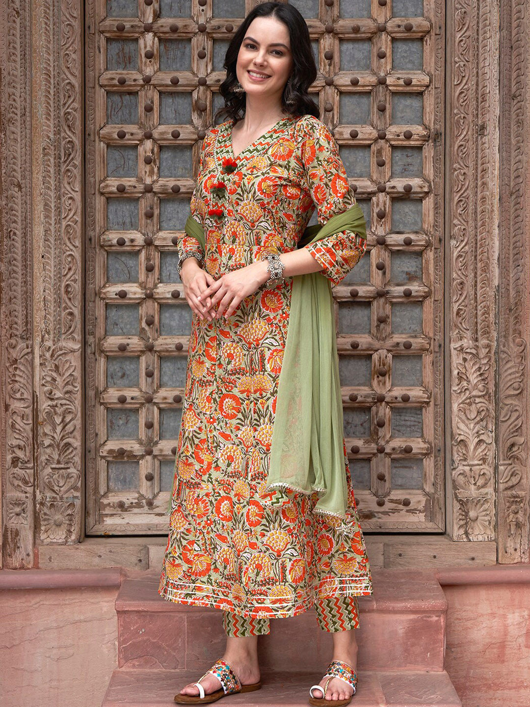 Orange Printed Gotta Patti Detail Pure Cotton A-Line Kurta With Trousers & Dupatta