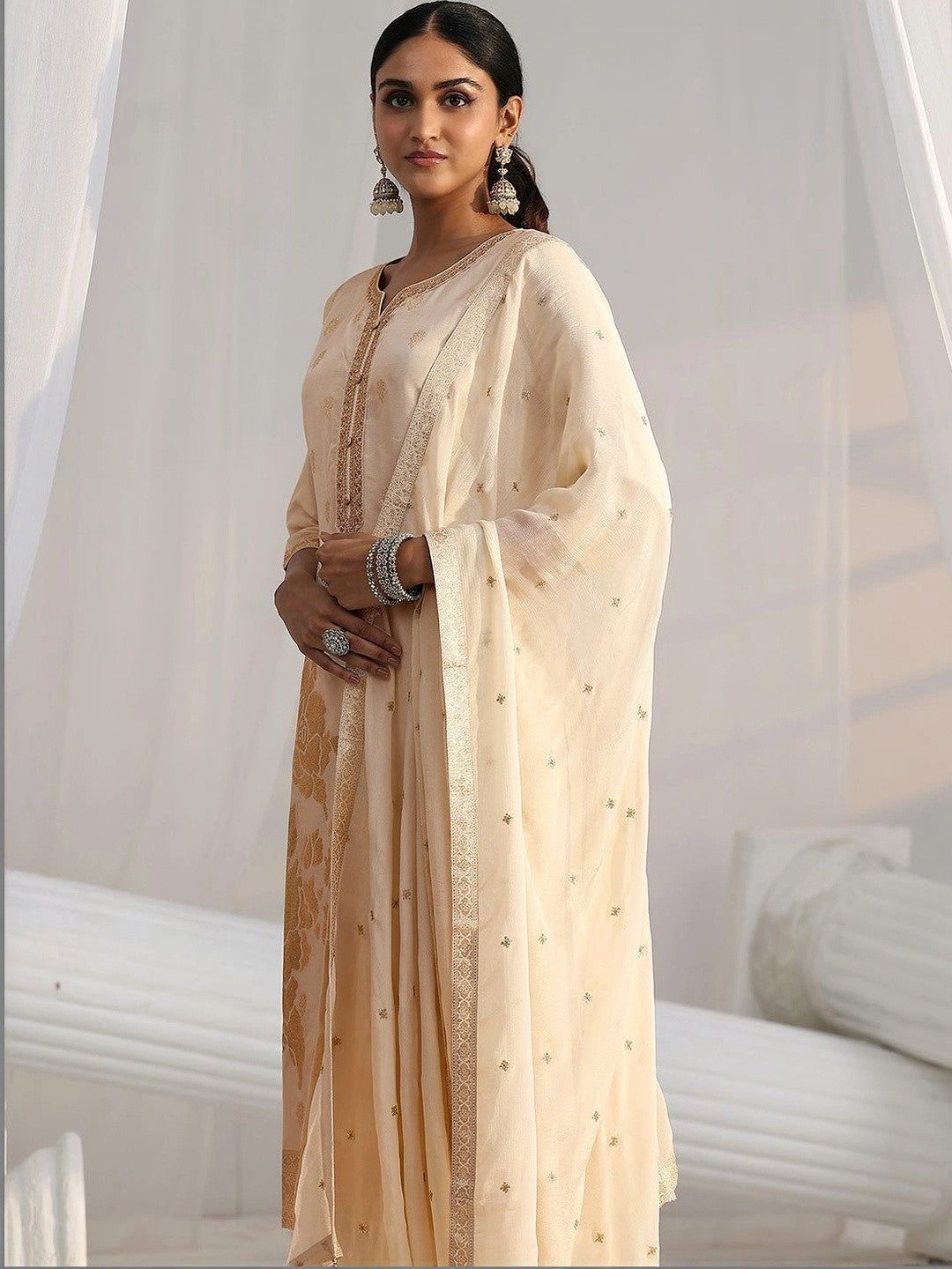 Cream Woven Design Front Slit Silk Blend Straight Suit Set