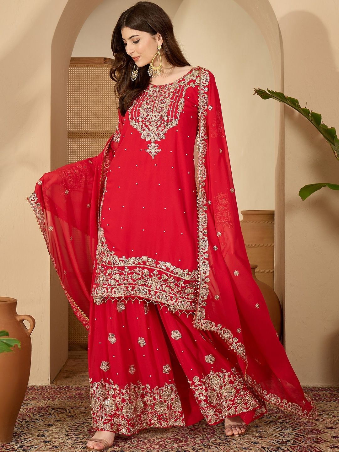 Dhiyona SN Red Faux Georgette Coding & Sequence With Pearl Work Kurta Sharara And Dupatta