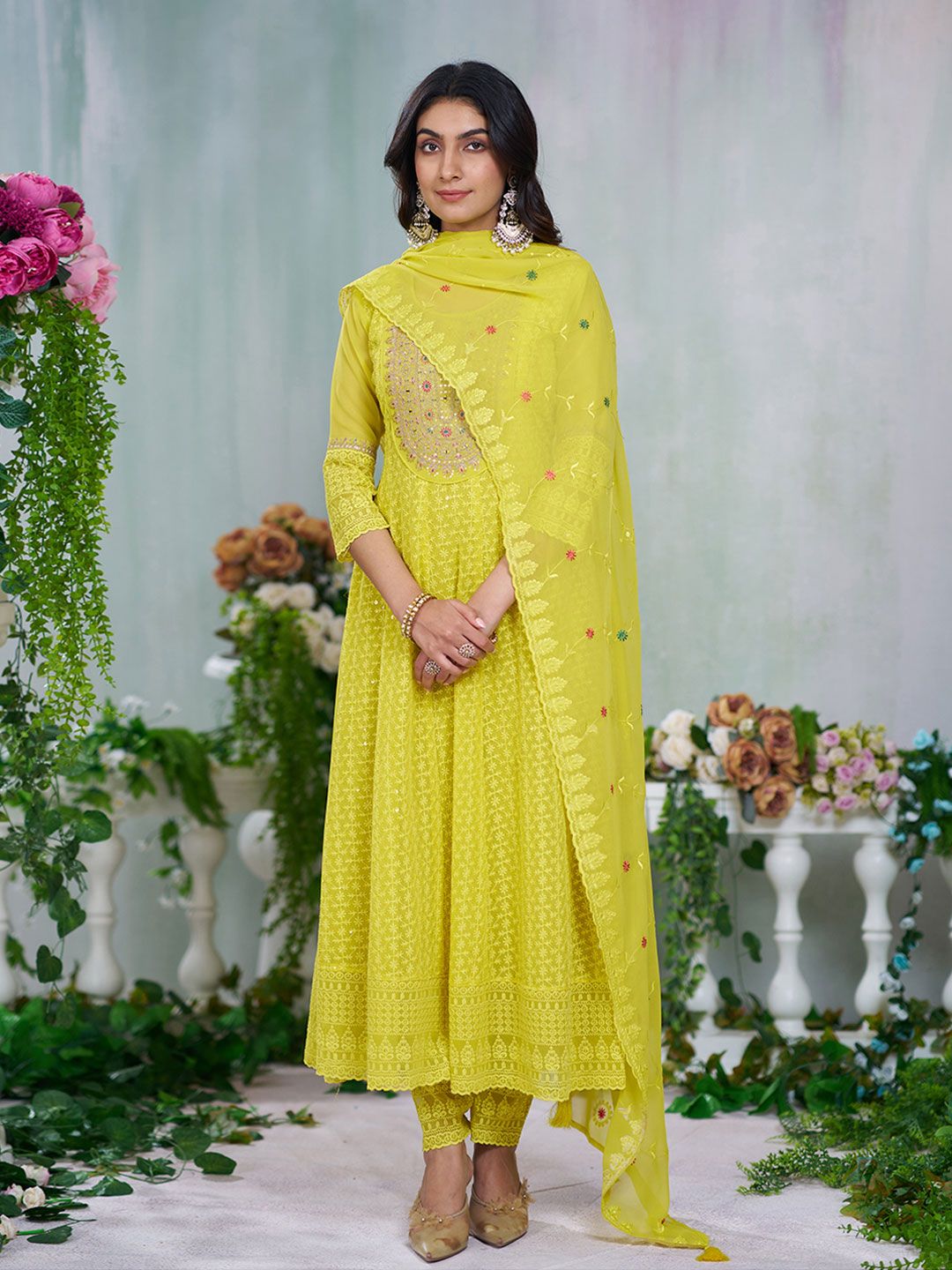 Dhiyona CH Women Embroidered Schiffli Anarkali Kurta Set