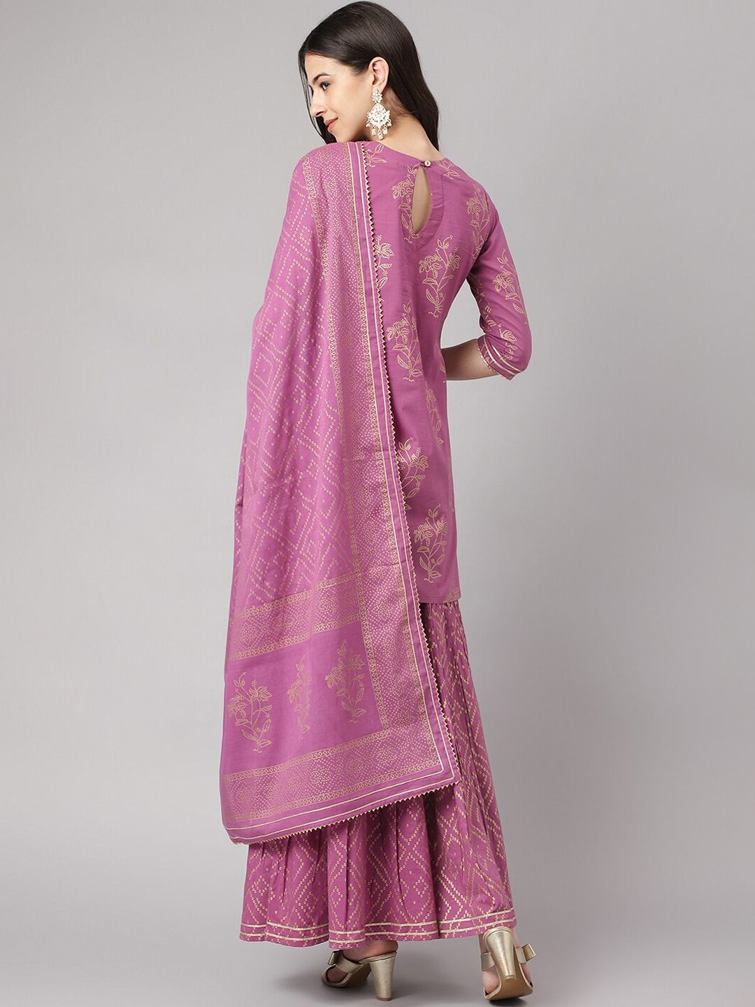 Dhiyona KL Floral Printed Gotta Patti Pure Cotton Straight Kurta & Sharara With Dupatta