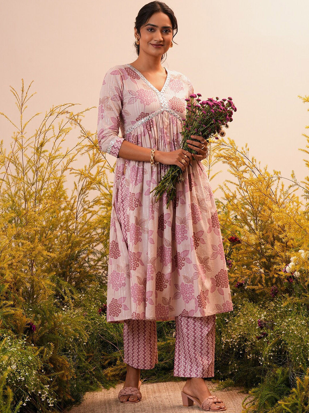 Floral Printed V-Neck Three-Quarter Sleeves Empire Mirror Work Pure Cotton Kurta set