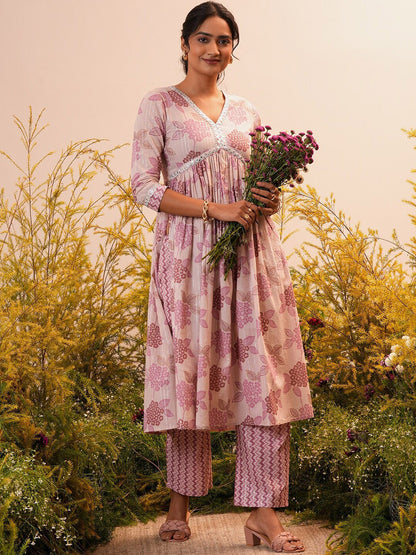 Floral Printed V-Neck Three-Quarter Sleeves Empire Mirror Work Pure Cotton Kurta set