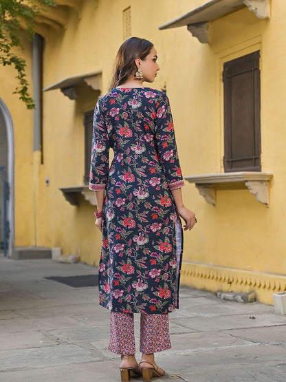 Dhiyona KL Floral Printed Regular Cotton Blend Kurta with Trousers With Dupatta