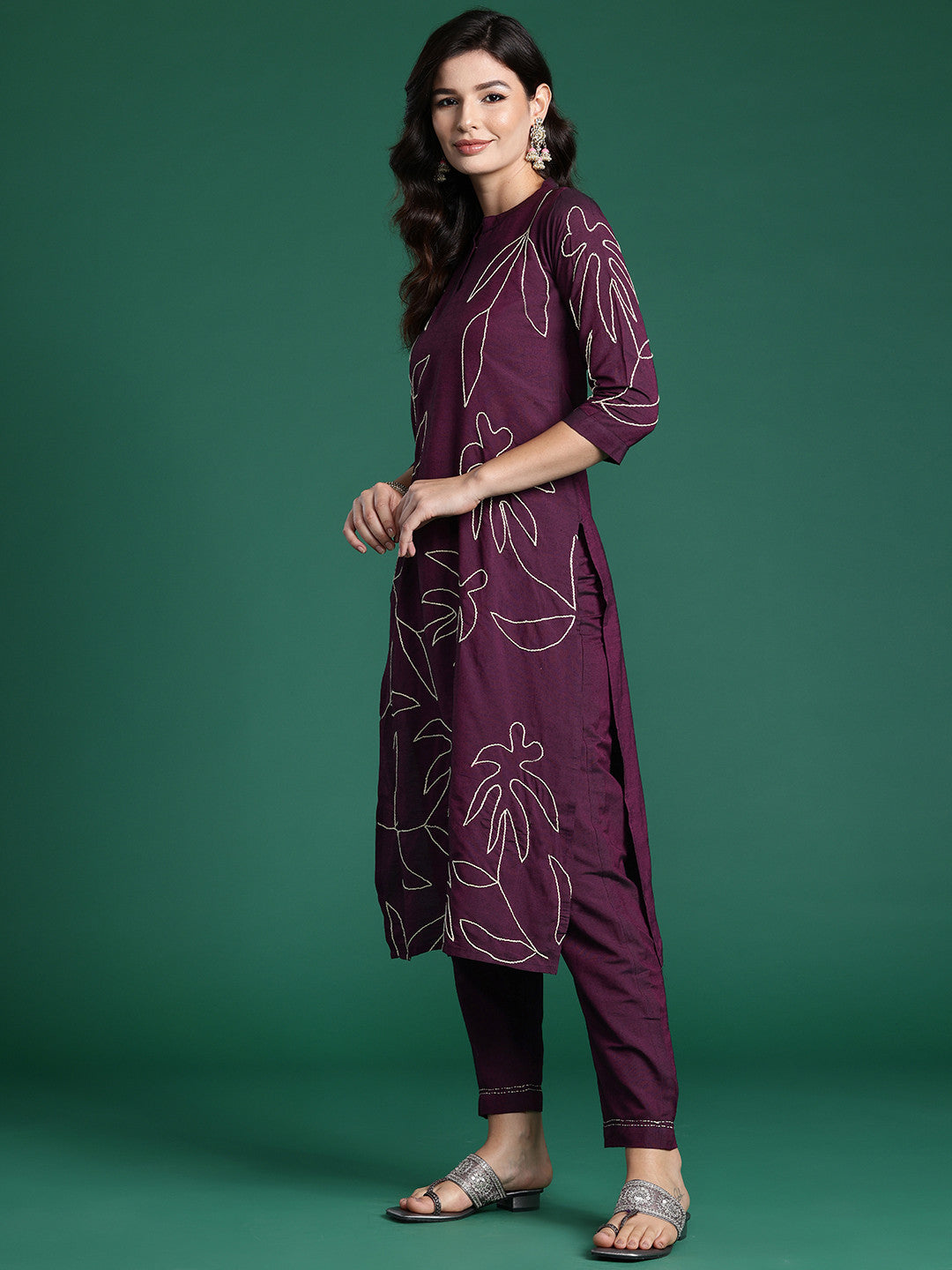 Floral Embroidered Thread Work Pure Cotton Kurta with Trousers