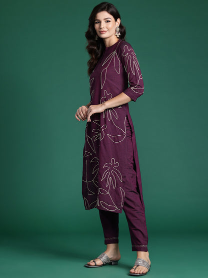 Floral Embroidered Thread Work Pure Cotton Kurta with Trousers