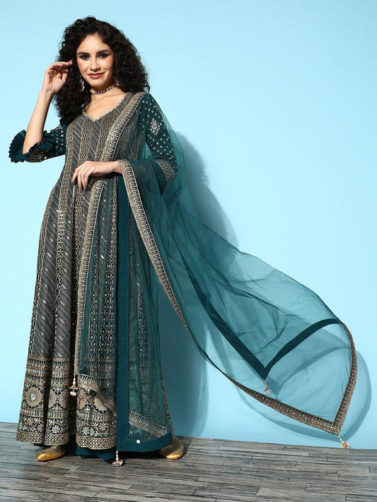 Dhiyona LL Floral Embroidered Sequinned Kurta With Palazzos & With Dupatta