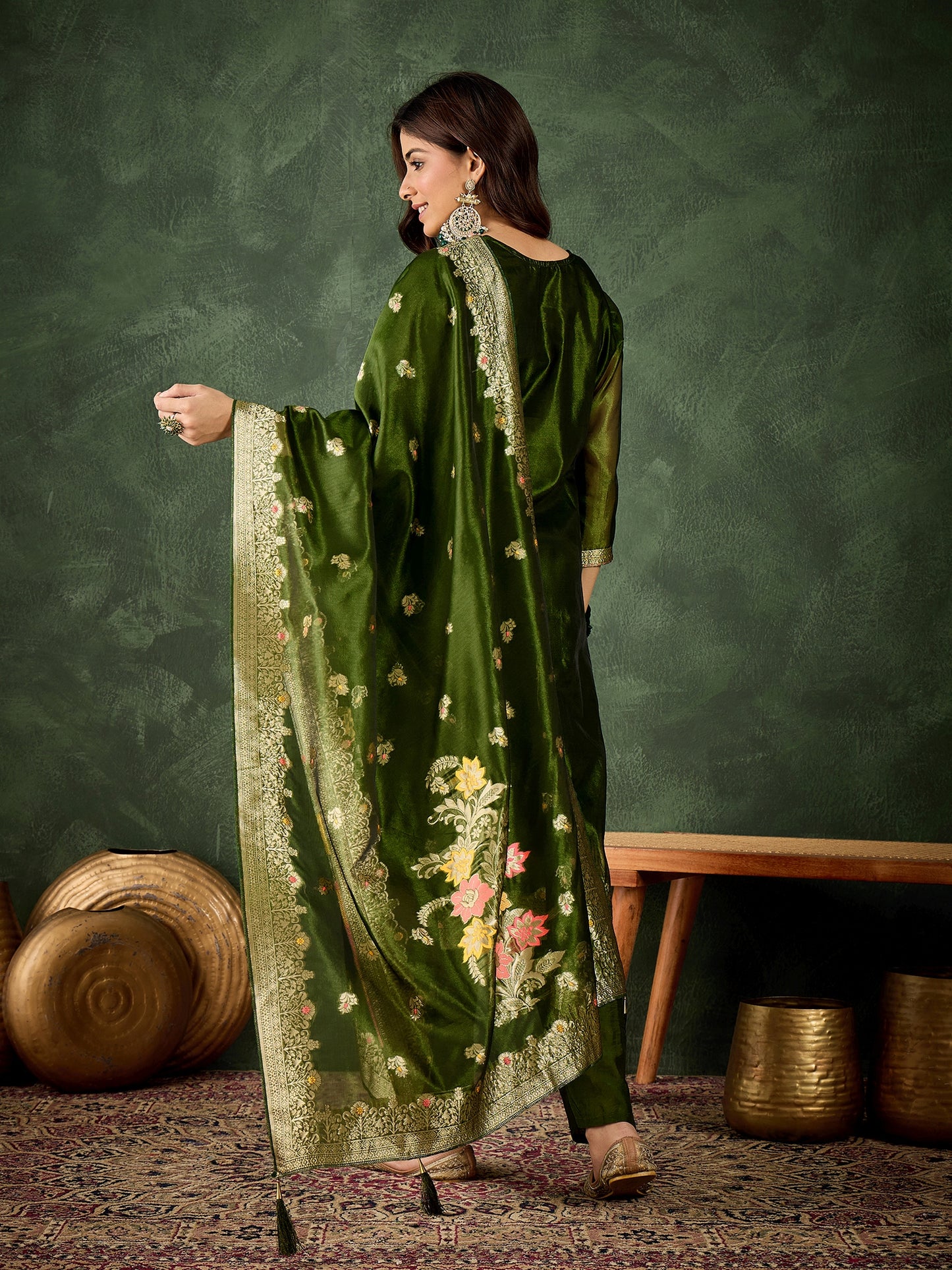 Dhiyona VV Eshanvi mehndi Embroidered Silk Blend Organza Meenakari Straight Suits With Dupatta