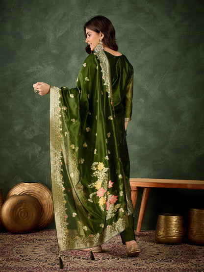 Dhiyona VV Eshanvi mehndi Embroidered Silk Blend Organza Meenakari Straight Suits With Dupatta