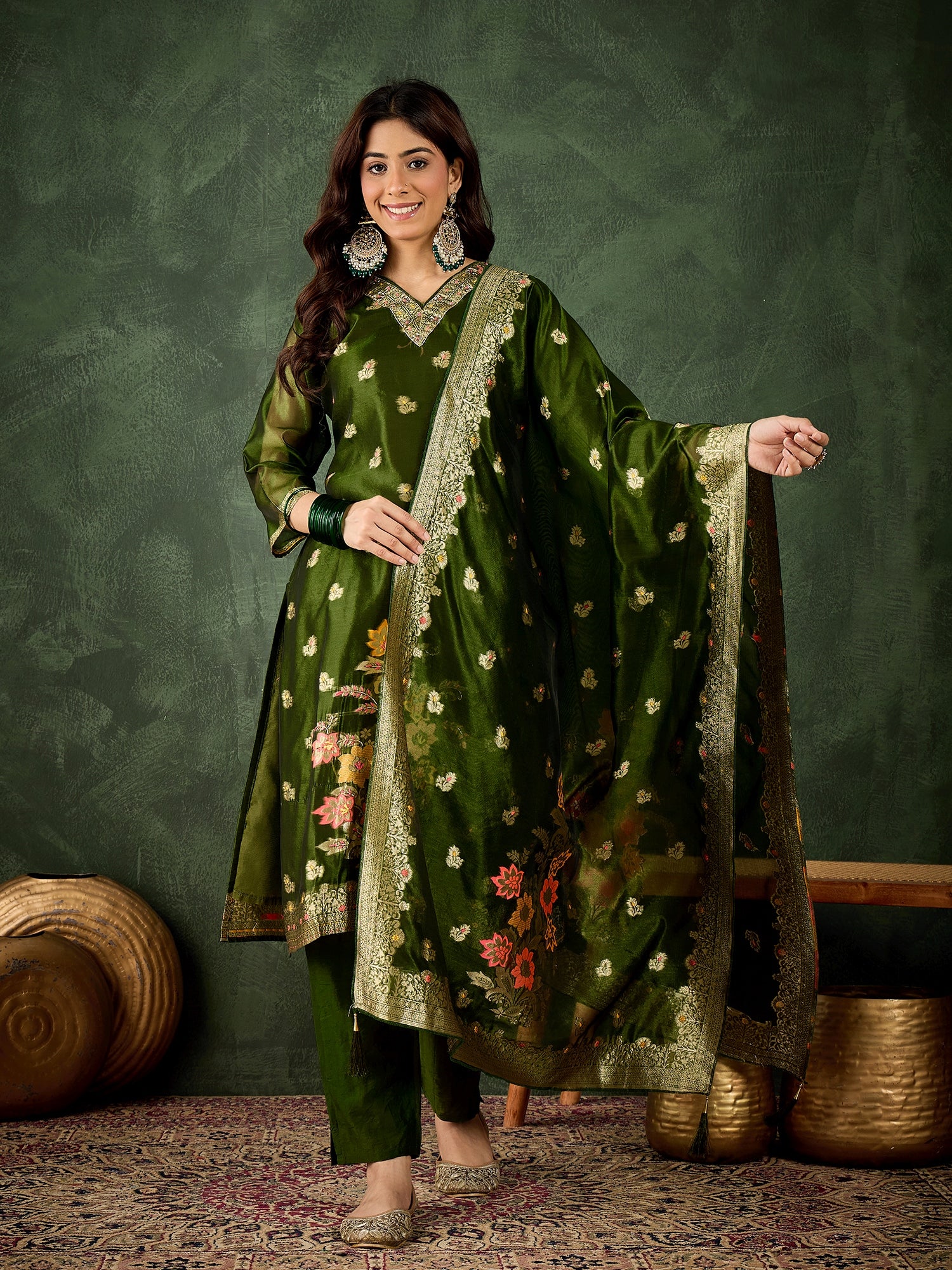 Dhiyona VV Eshanvi mehndi Embroidered Silk Blend Organza Meenakari Straight Suits With Dupatta