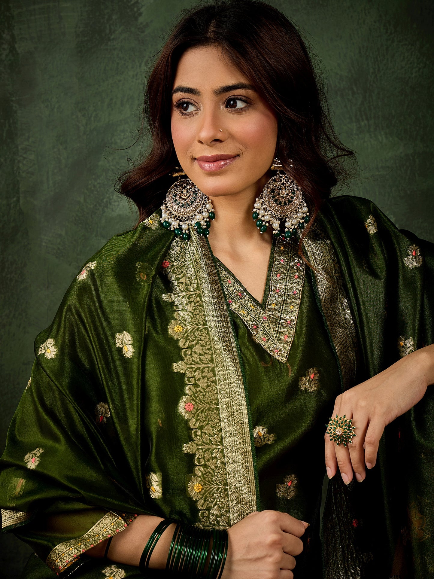 Dhiyona VV Eshanvi mehndi Embroidered Silk Blend Organza Meenakari Straight Suits With Dupatta