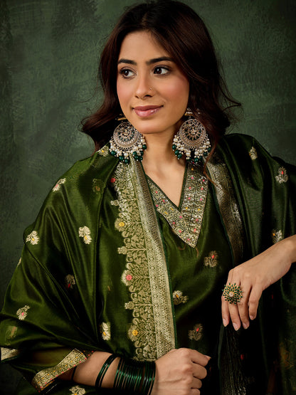 Dhiyona VV Eshanvi mehndi Embroidered Silk Blend Organza Meenakari Straight Suits With Dupatta
