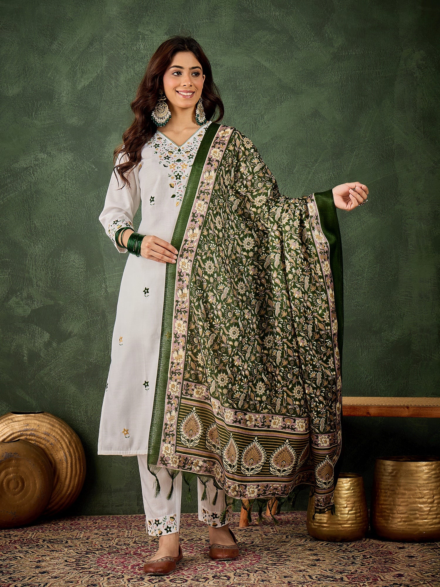 Dhiyona VV Neelima Women's Embroidered Cotton Kurta Pant Set with Dupatta