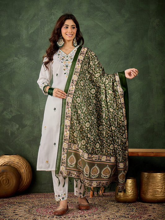 Dhiyona VV Neelima Women's Embroidered Cotton Kurta Pant Set with Dupatta
