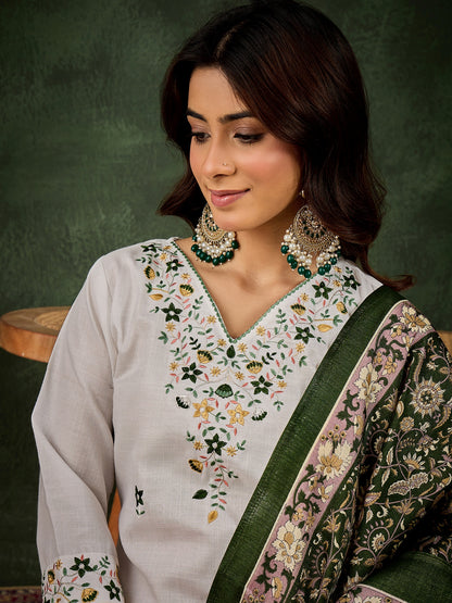 Dhiyona VV Neelima Women's Embroidered Cotton Kurta Pant Set with Dupatta