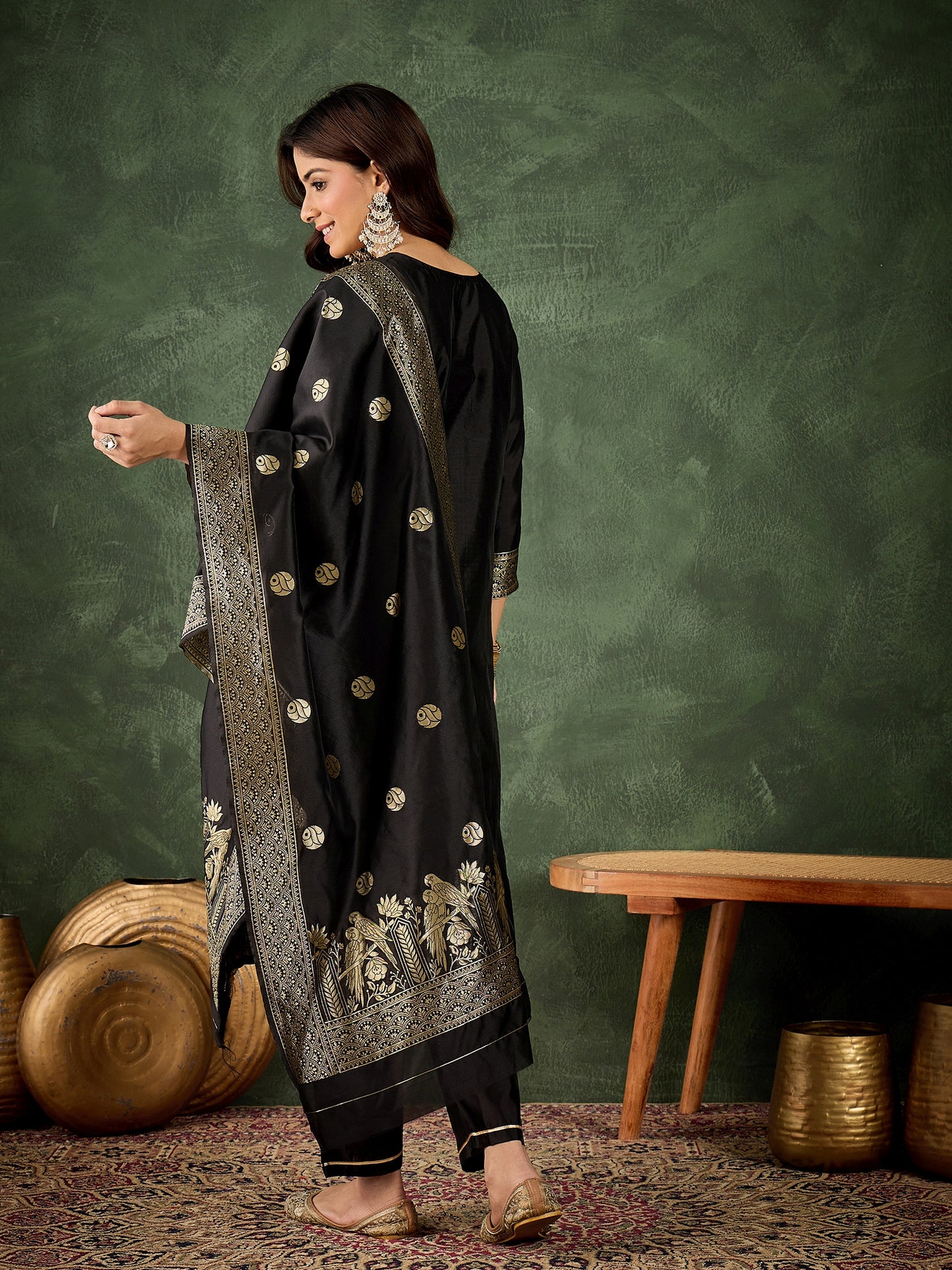 Dhiyona VV Payal Women's Silk Blend Banarasi Jacquard Zari Woven Straight Kurta Pant with Dupatta Set