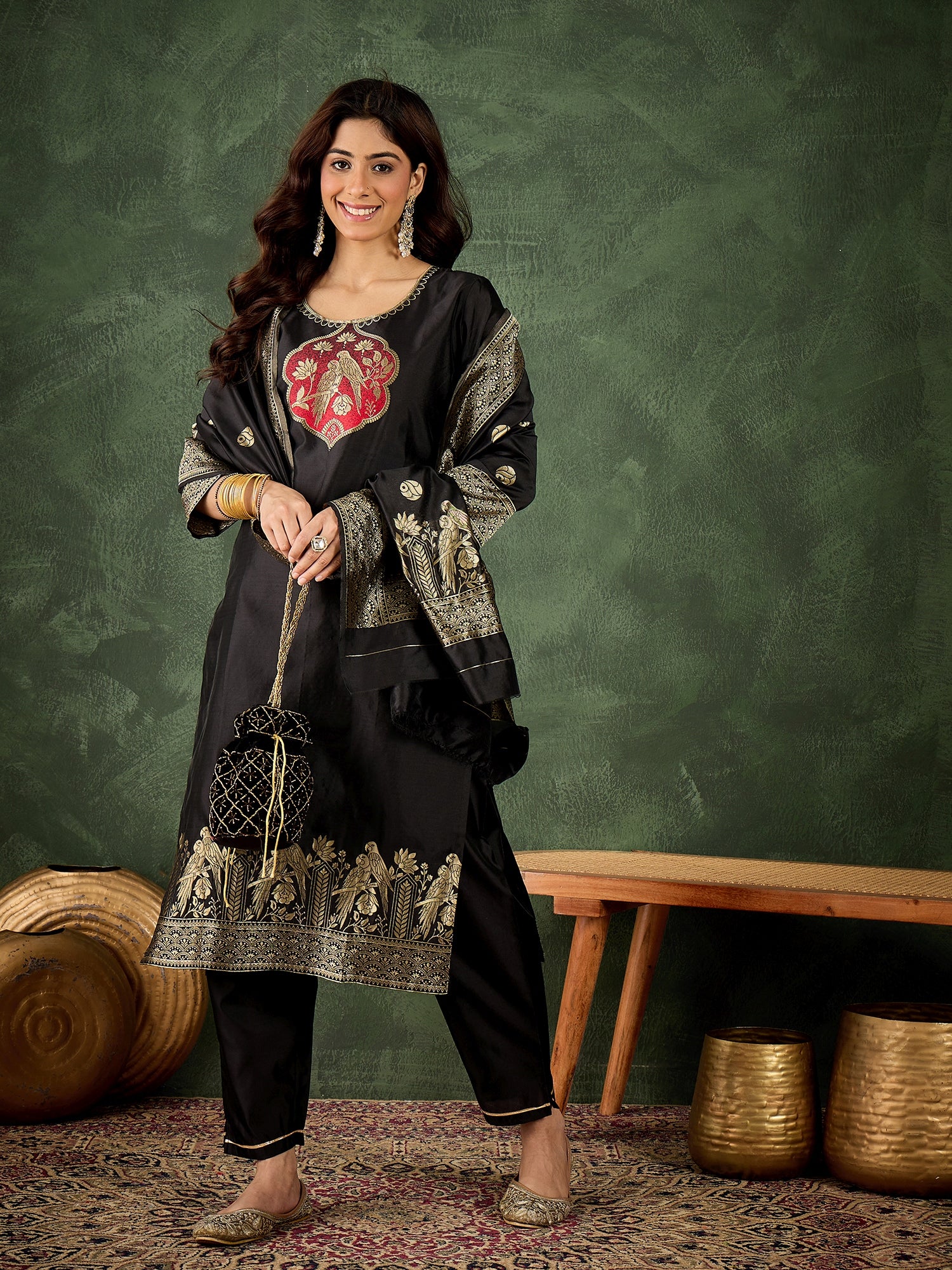 Dhiyona VV Payal Women's Silk Blend Banarasi Jacquard Zari Woven Straight Kurta Pant with Dupatta Set