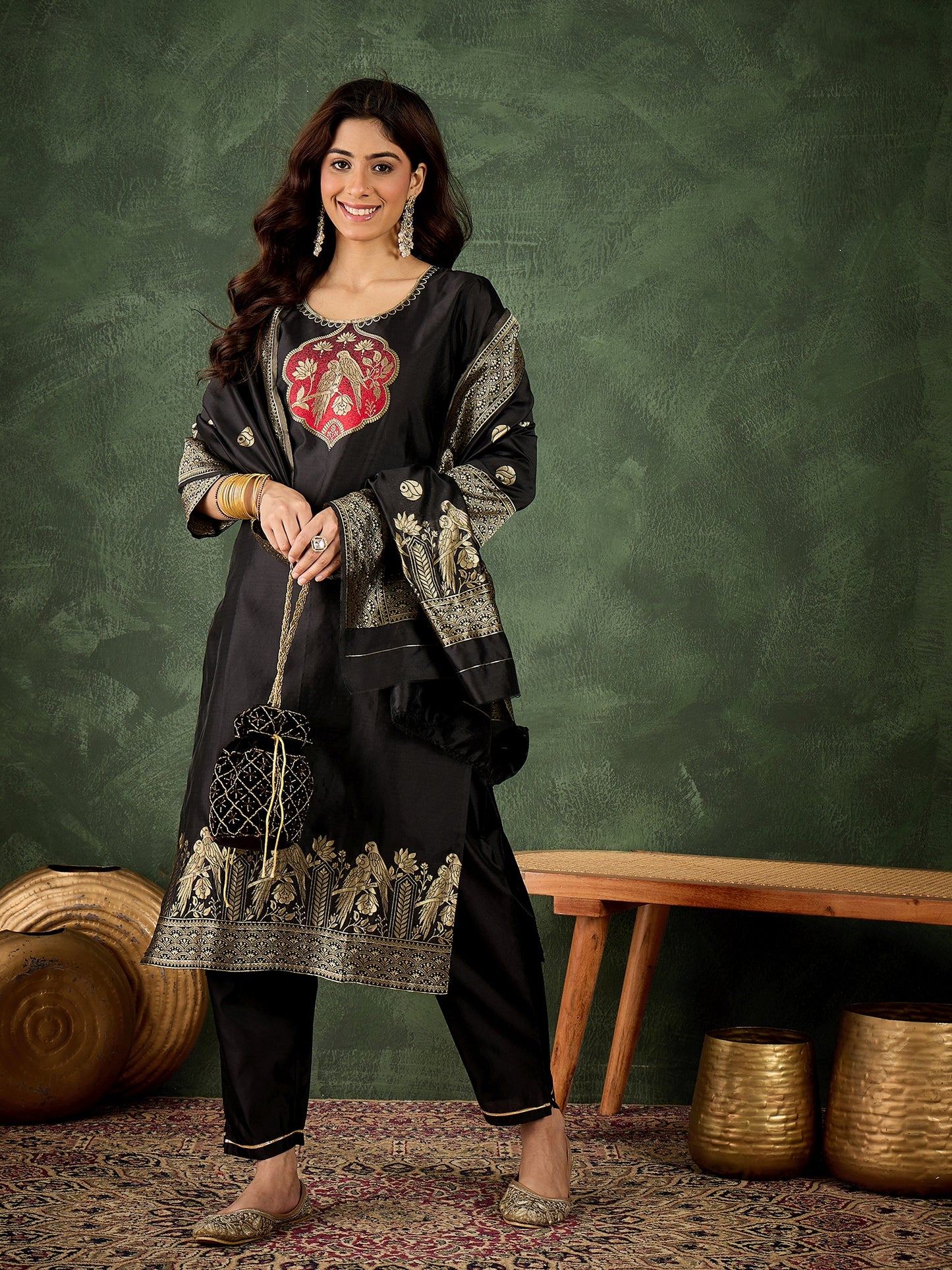 Dhiyona VV Payal Women's Silk Blend Banarasi Jacquard Zari Woven Straight Kurta Pant with Dupatta Set