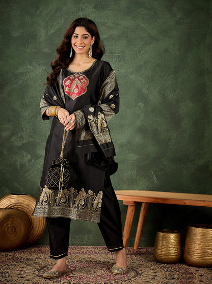 Dhiyona VV Payal Women's Silk Blend Banarasi Jacquard Zari Woven Straight Kurta Pant with Dupatta Set