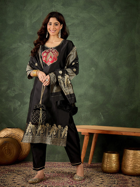 Dhiyona VV Payal Women's Silk Blend Banarasi Jacquard Zari Woven Straight Kurta Pant with Dupatta Set