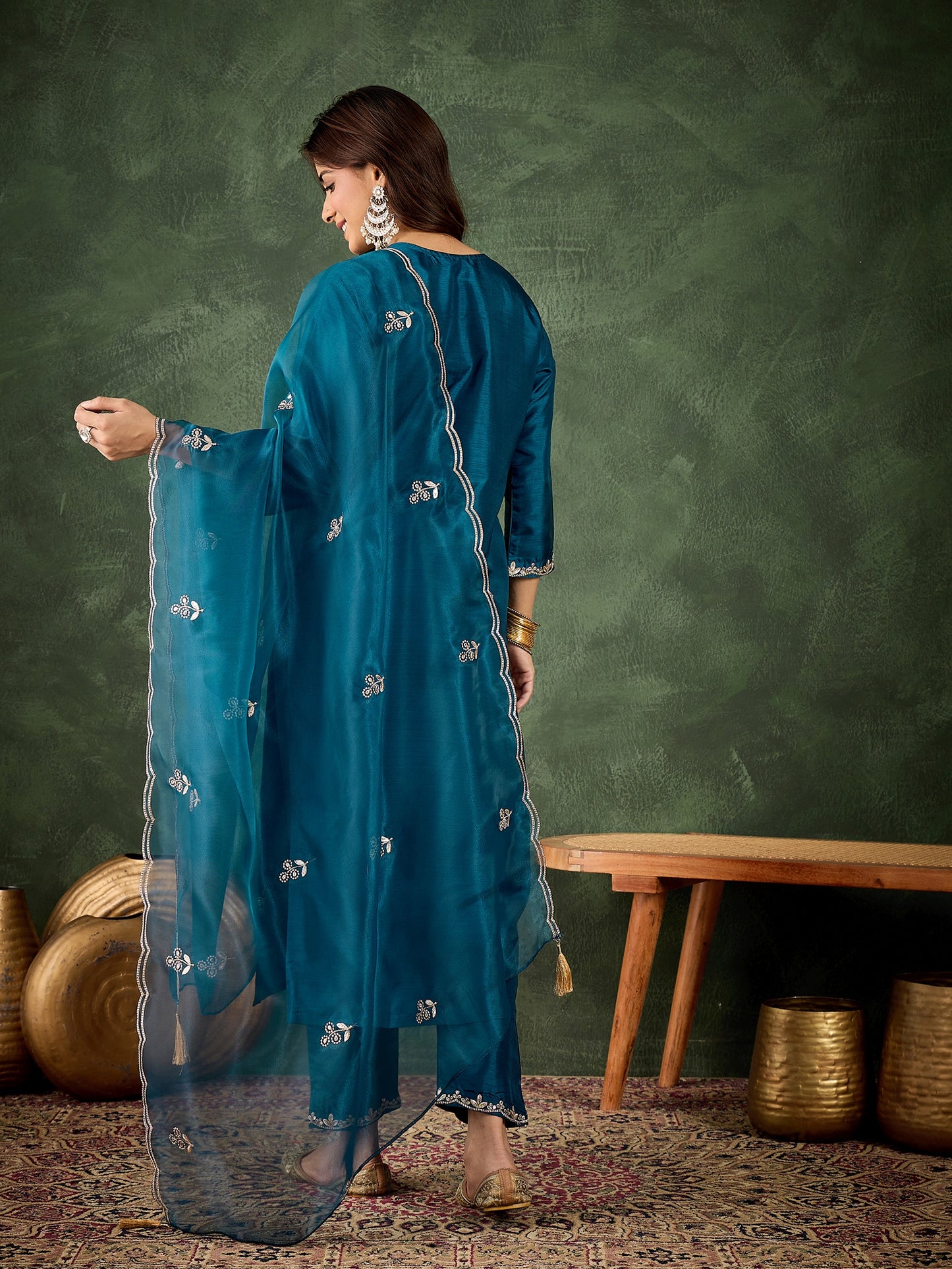 Dhiyona VV Jhilmil Women Kurta and Pant Dupatta Sets Silk Blend Fabrics with Embroidery