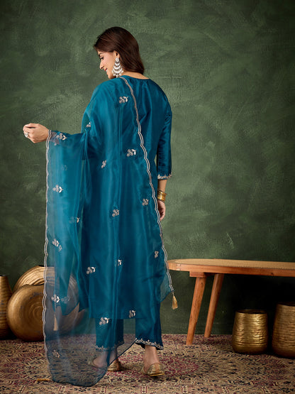 Dhiyona VV Jhilmil Women Kurta and Pant Dupatta Sets Silk Blend Fabrics with Embroidery