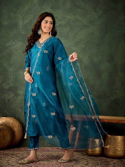 Dhiyona VV Jhilmil Women Kurta and Pant Dupatta Sets Silk Blend Fabrics with Embroidery
