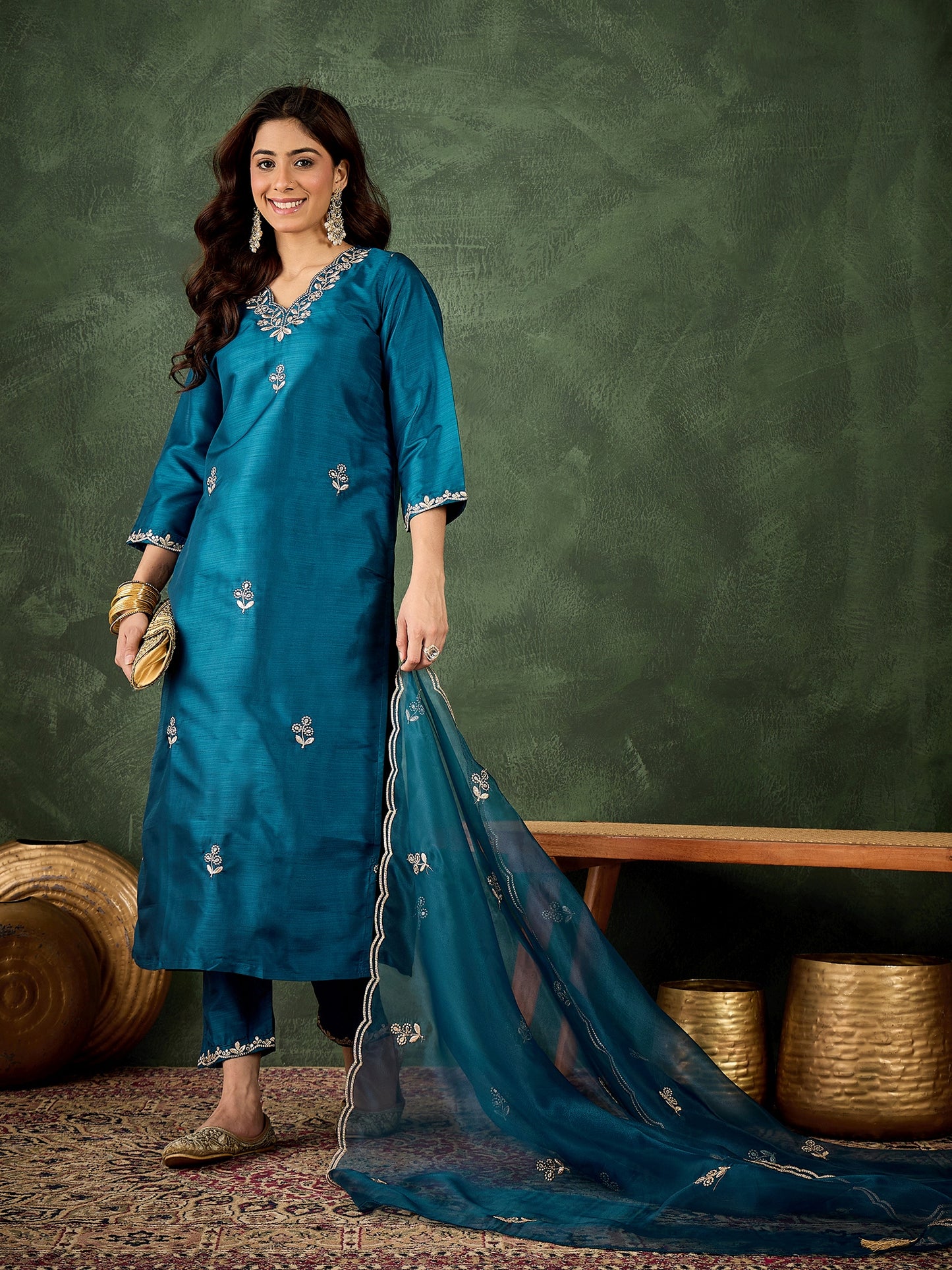 Dhiyona VV Jhilmil Women Kurta and Pant Dupatta Sets Silk Blend Fabrics with Embroidery