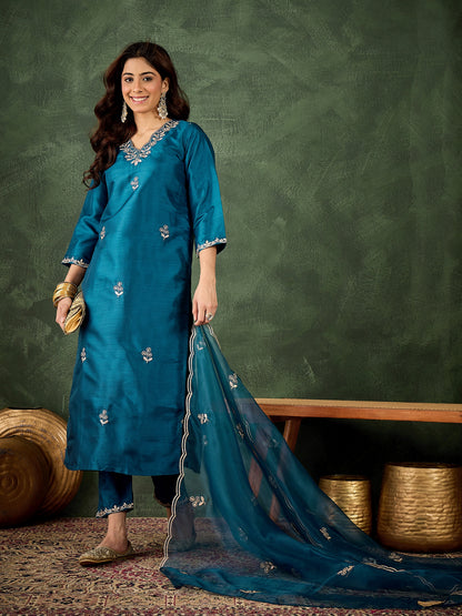 Dhiyona VV Jhilmil Women Kurta and Pant Dupatta Sets Silk Blend Fabrics with Embroidery