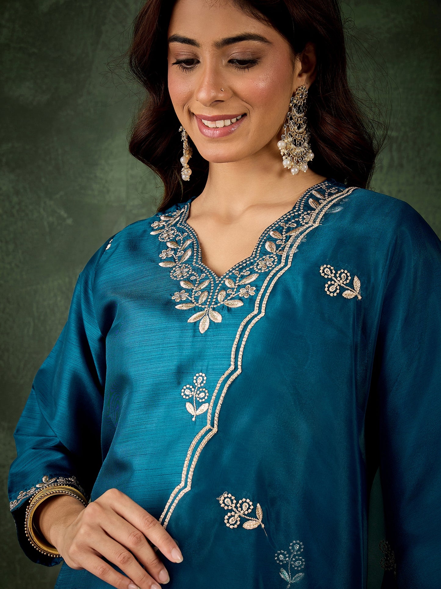 Dhiyona VV Jhilmil Women Kurta and Pant Dupatta Sets Silk Blend Fabrics with Embroidery