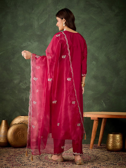 Dhiyona VV Iraaya Red Women Kurta and Pant Dupatta Sets Silk Blend Fabrics with Embroidery