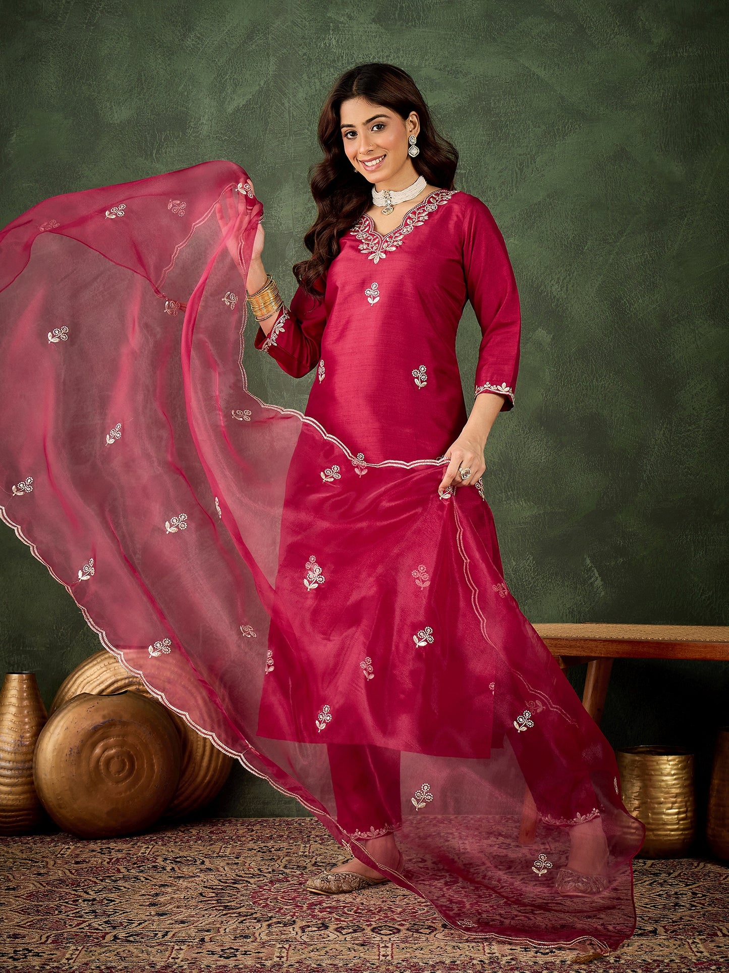 Dhiyona VV Iraaya Red Women Kurta and Pant Dupatta Sets Silk Blend Fabrics with Embroidery