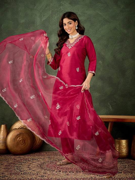 Dhiyona VV Iraaya Red Women Kurta and Pant Dupatta Sets Silk Blend Fabrics with Embroidery