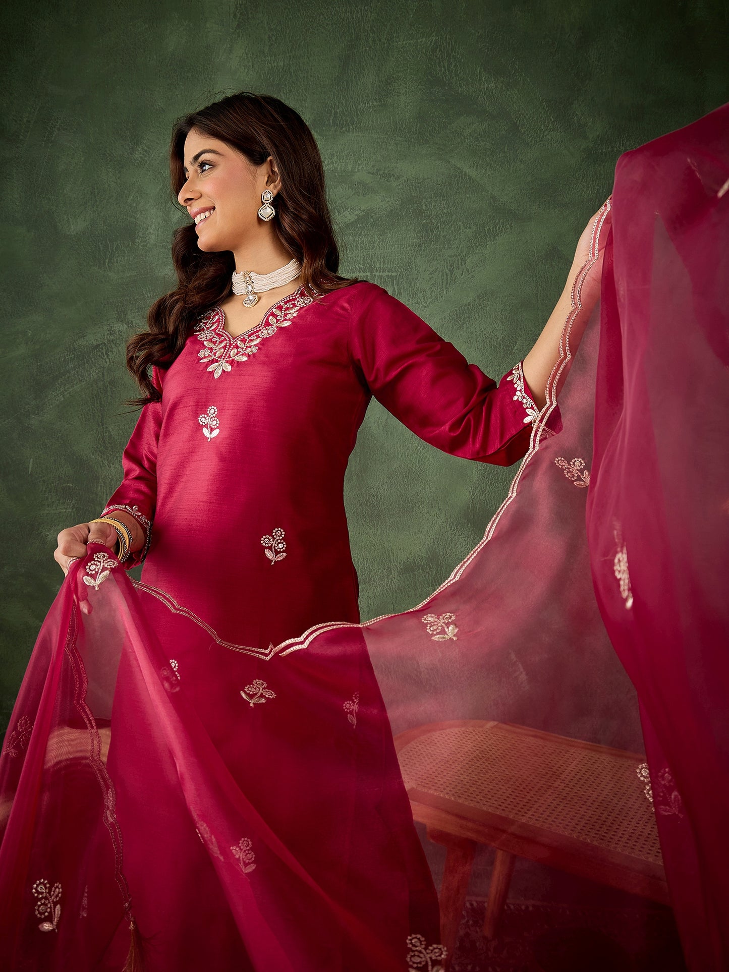Dhiyona VV Iraaya Red Women Kurta and Pant Dupatta Sets Silk Blend Fabrics with Embroidery