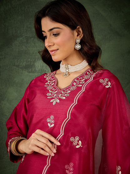 Dhiyona VV Iraaya Red Women Kurta and Pant Dupatta Sets Silk Blend Fabrics with Embroidery