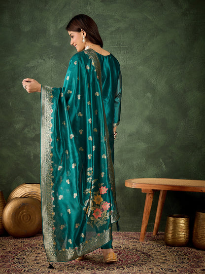 Dhiyona VV Eshanvi rama Embroidered Silk Blend Organza Meenakari Straight Suits With Dupatta