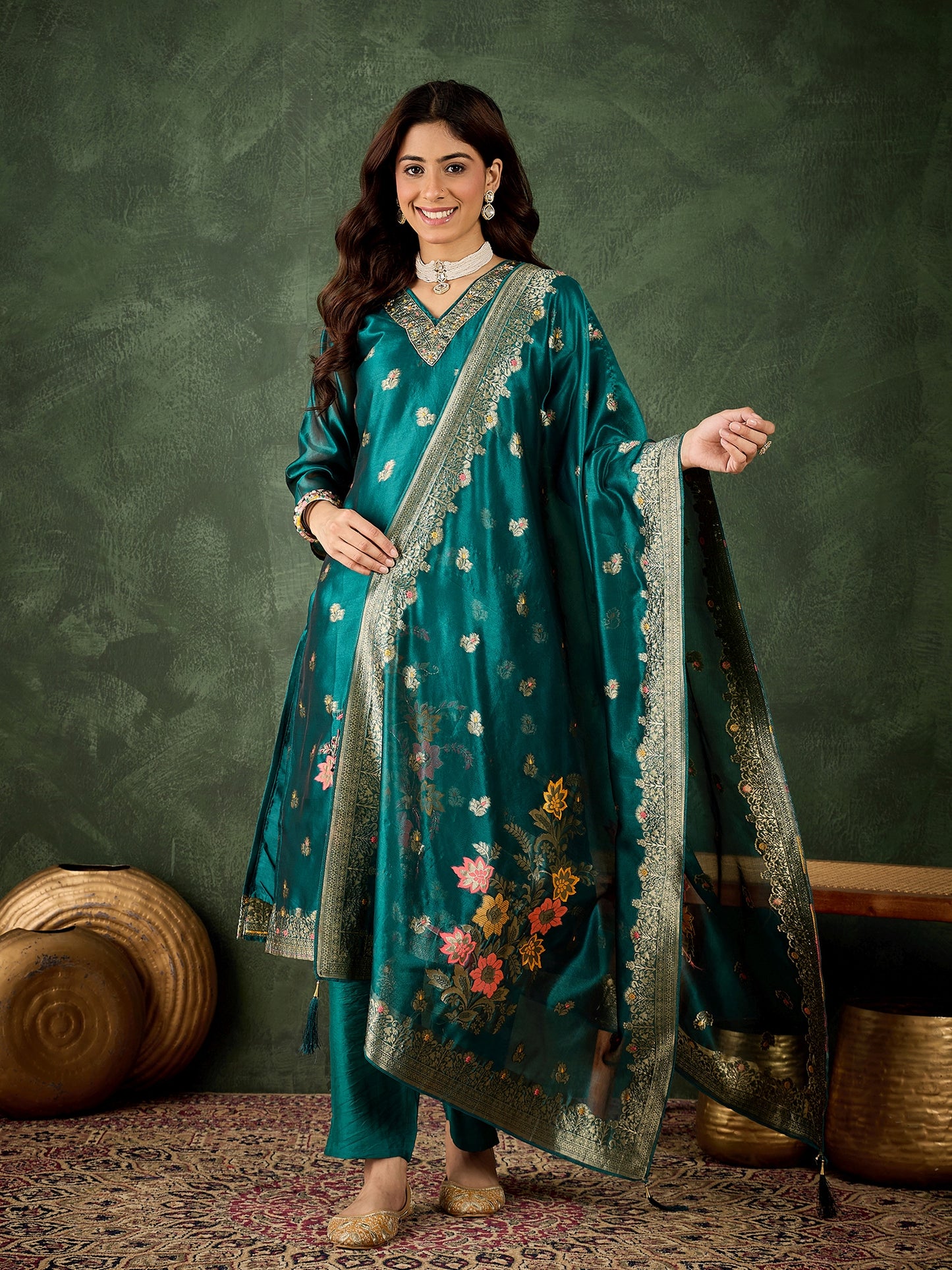 Dhiyona VV Eshanvi rama Embroidered Silk Blend Organza Meenakari Straight Suits With Dupatta