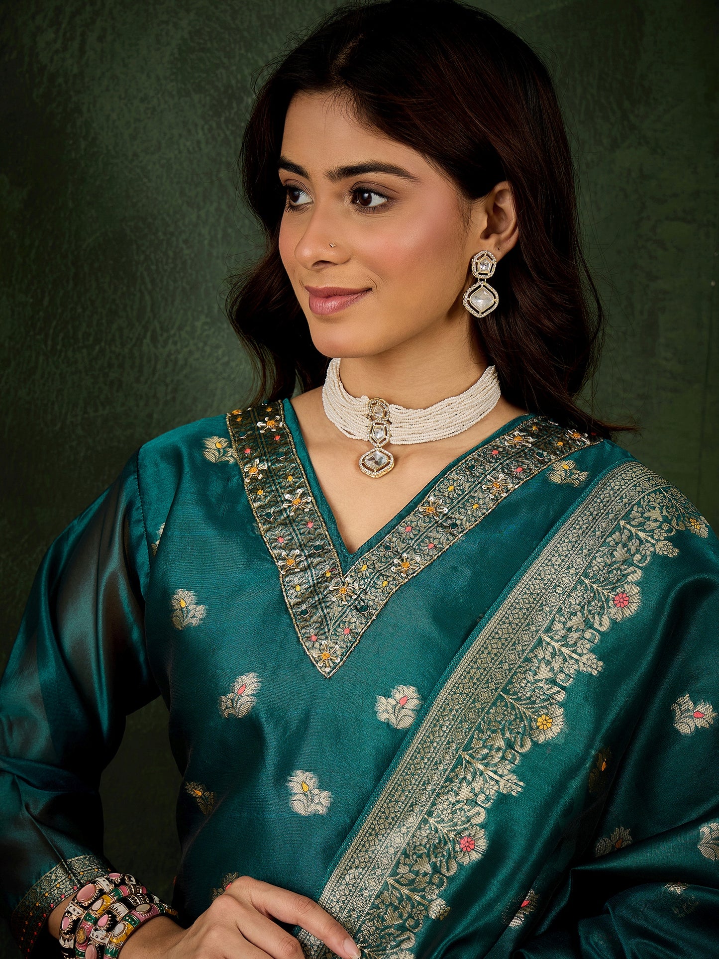 Dhiyona VV Eshanvi rama Embroidered Silk Blend Organza Meenakari Straight Suits With Dupatta
