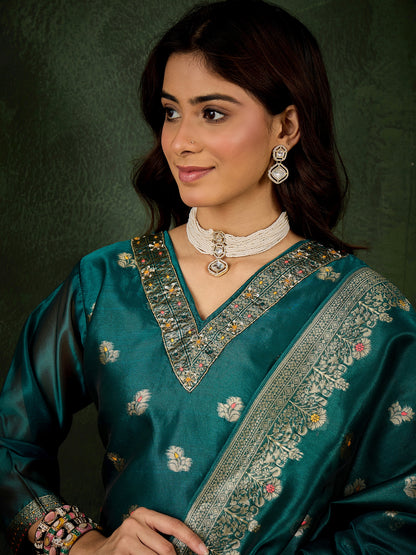 Dhiyona VV Eshanvi rama Embroidered Silk Blend Organza Meenakari Straight Suits With Dupatta