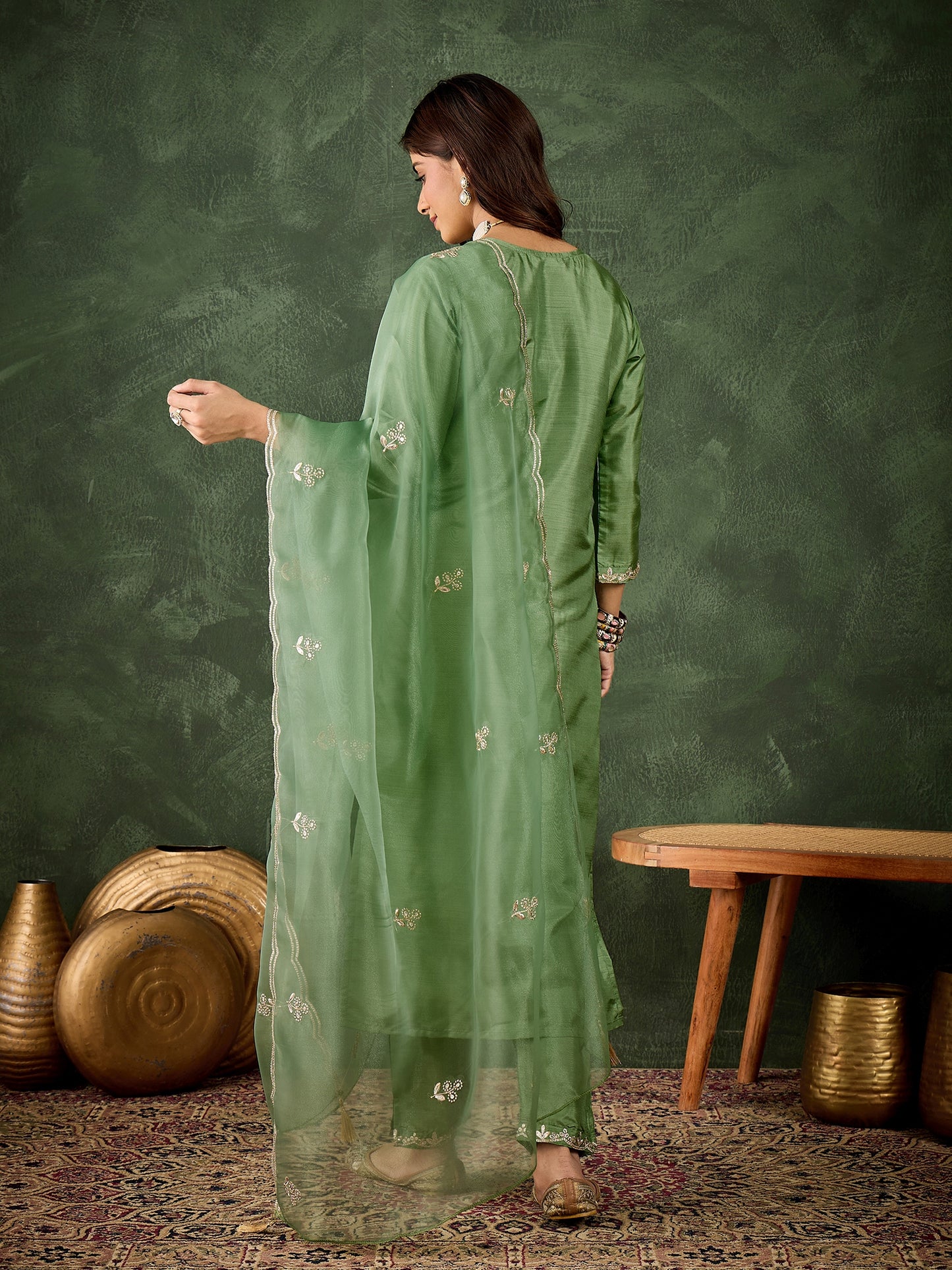 Dhiyona VV Qaushi Women Kurta and Pant Dupatta Sets Silk Blend Fabrics with Embroidery