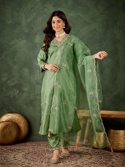 Dhiyona VV Qaushi Women Kurta and Pant Dupatta Sets Silk Blend Fabrics with Embroidery